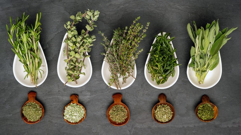 bowls of five dried herbs next to fresh springs of the same herbs