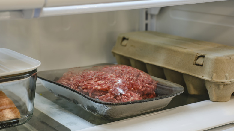 Raw ground beef in refrigerator