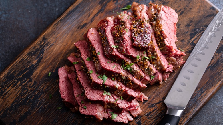 Corned beef on cutting board