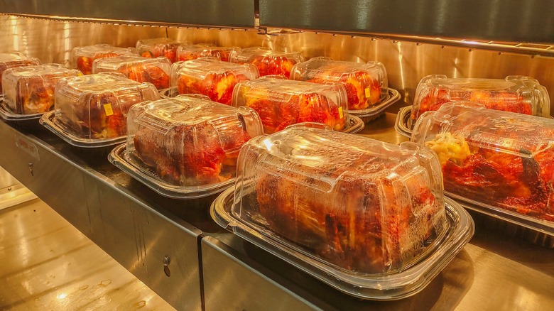 Costco rotisserie chickens on shelf