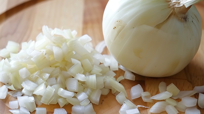 Diced onions on a cutting board