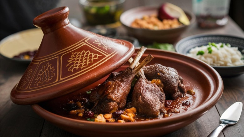 Lamb tagine cooked in a traditional clay pot