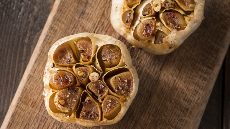 Roasted garlic on a cutting board