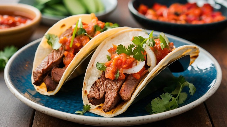 Two steak tacos on plate