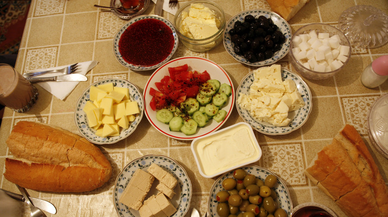 Traditional Turkish breakfast of cheese, bread, and pickled vegetables