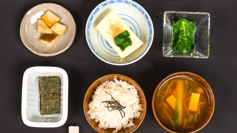 rice, tofu, nori, and miso soup