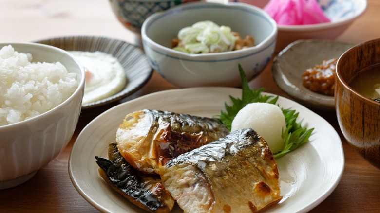 Japanese breakfast with rice and fish