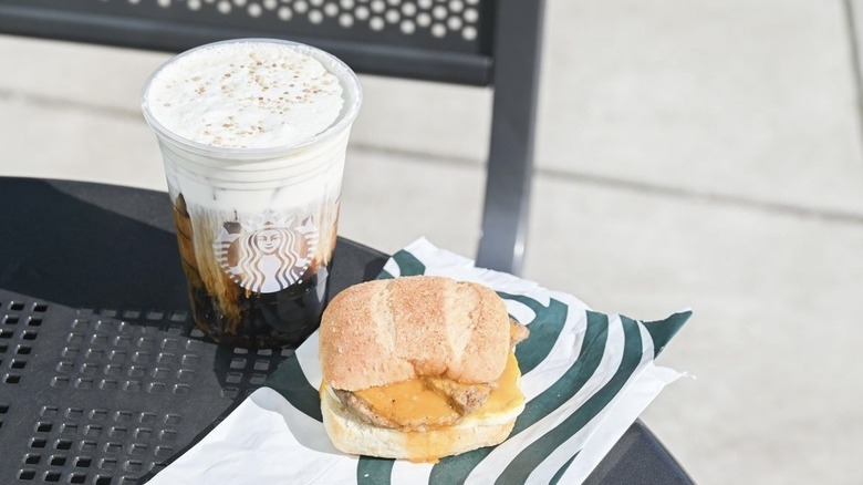 Starbucks breakfast sandwich and drink