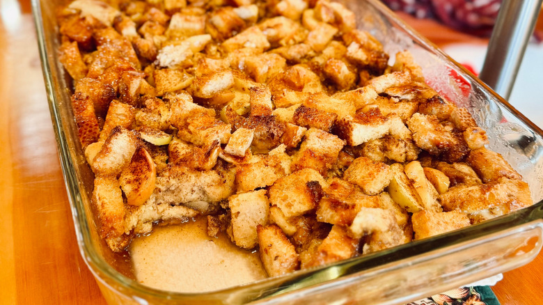 baked French toast in clear baking dish