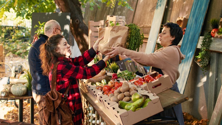 Shoppers buying farmers market produce