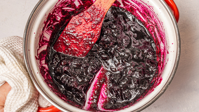 Blueberry jam in a saucepan