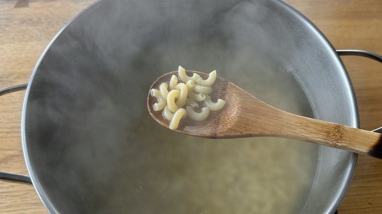 elbow macaroni in wooden spoon