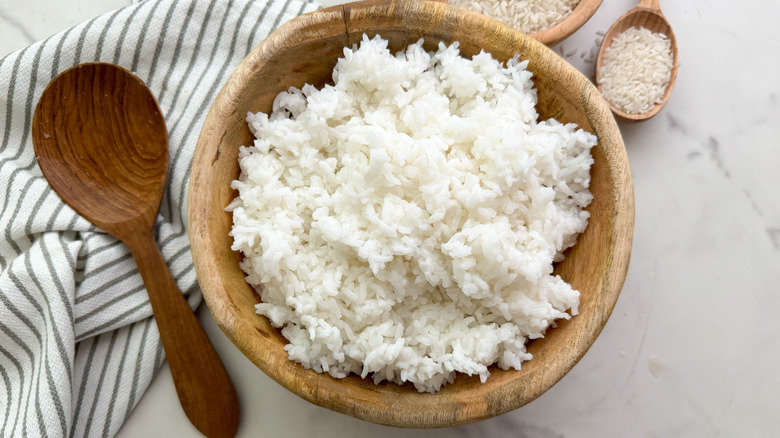 White rice in a wooden bowl