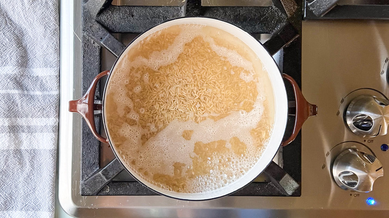 Brown basmati rice cooking in pot on stove