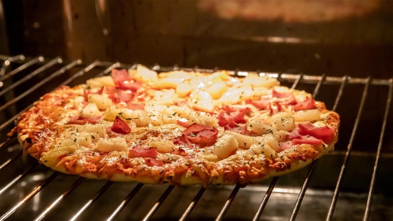 frozen pizza in oven