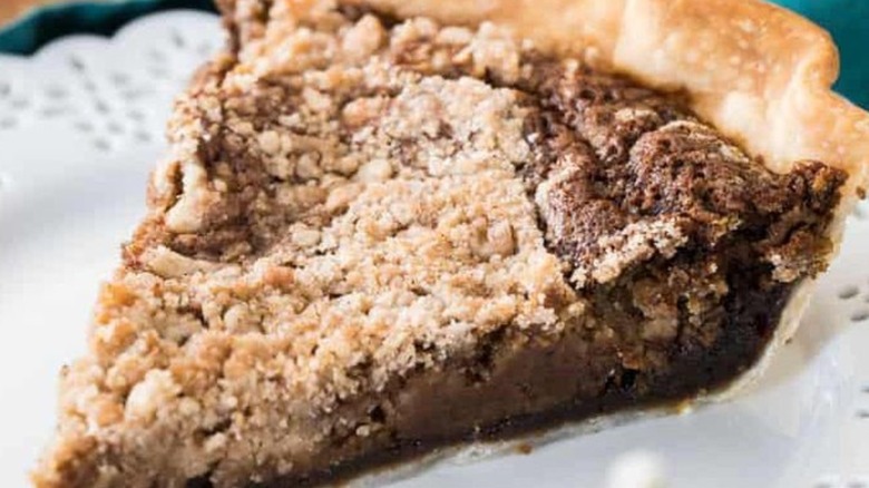 Shoo-fly pie on white plate