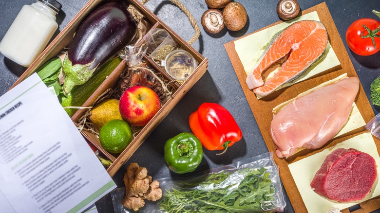 Overhead shot of ingredients from a meal kit delivery service