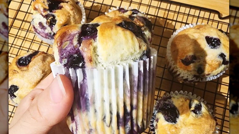 Blueberry muffins on a wood board.