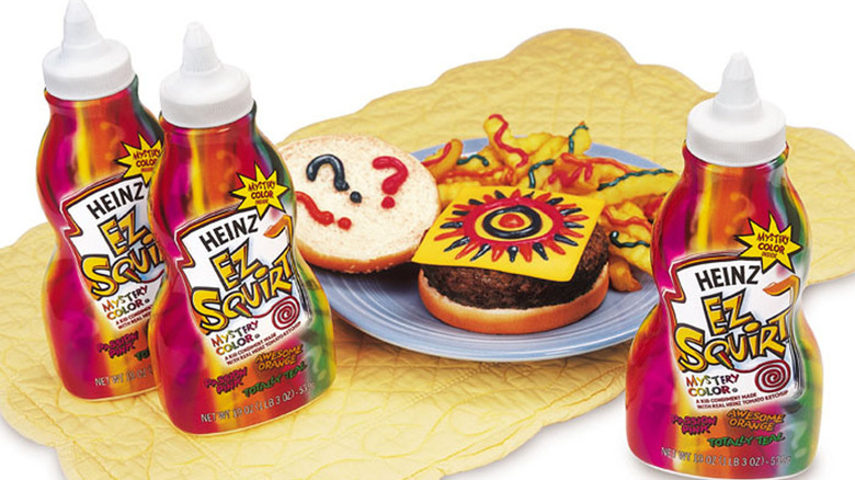 Heinz mystery color EZ Squirt ketchup on a hamburger