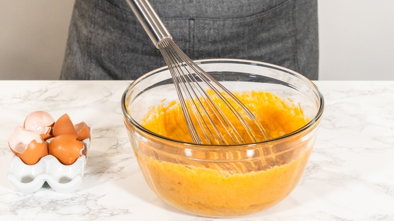 pumpkin cake batter being prepared