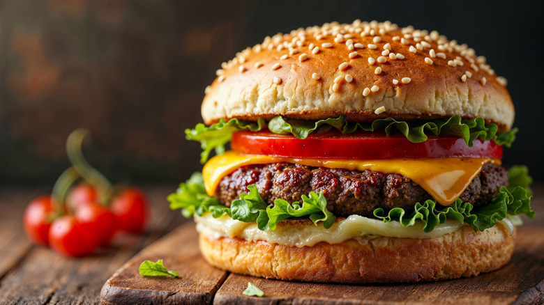 Cheeseburger with lettuce and tomato