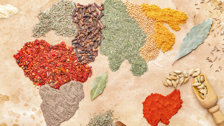 world map made out of a variety of spices