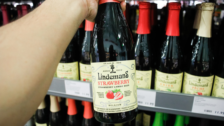 Holding bottle of lambic beer at the store