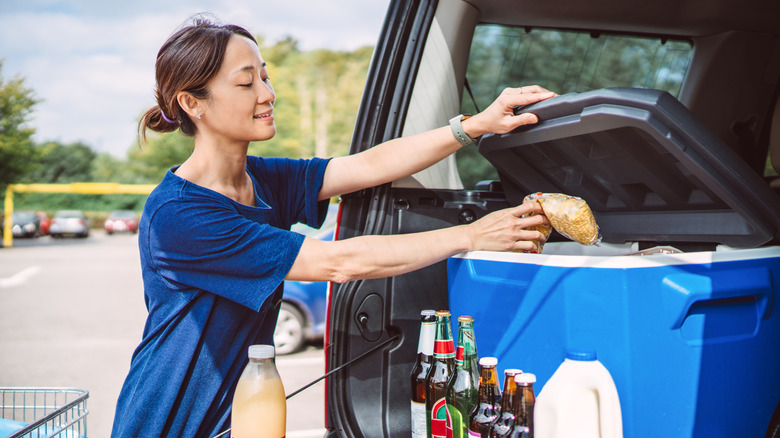 Person putting food in a cooler inside a car