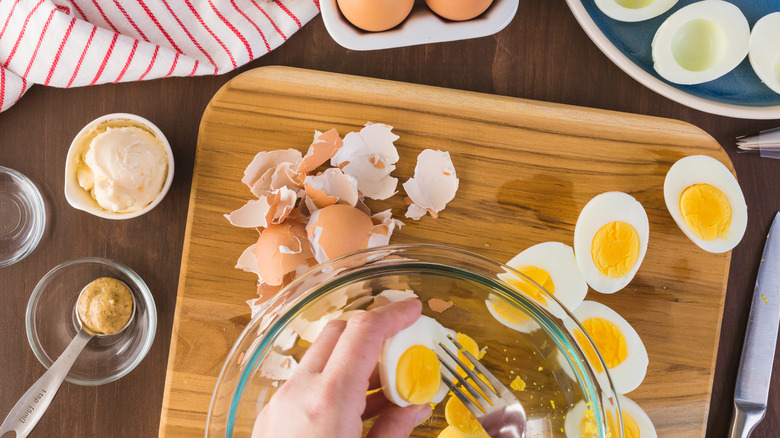 preparing deviled eggs