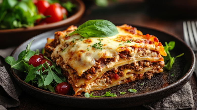 A lovely piece of lasagna is plated with a bit of basil and small portion of simple salad.