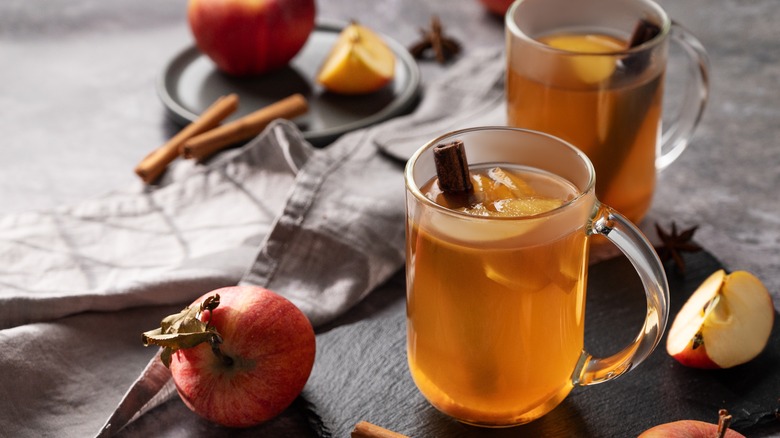 apple cider in glass mugs with cinnamon sticks and apple slices