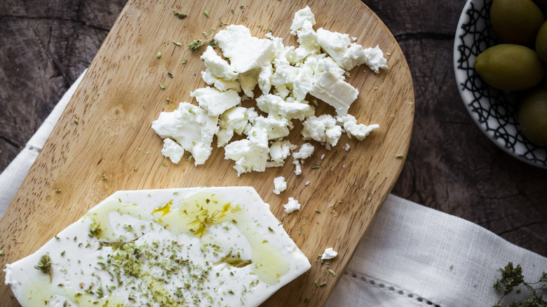 Feta on wooden board