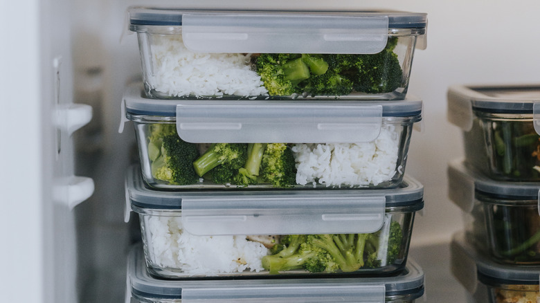 Meal prepped storage containers in fridge