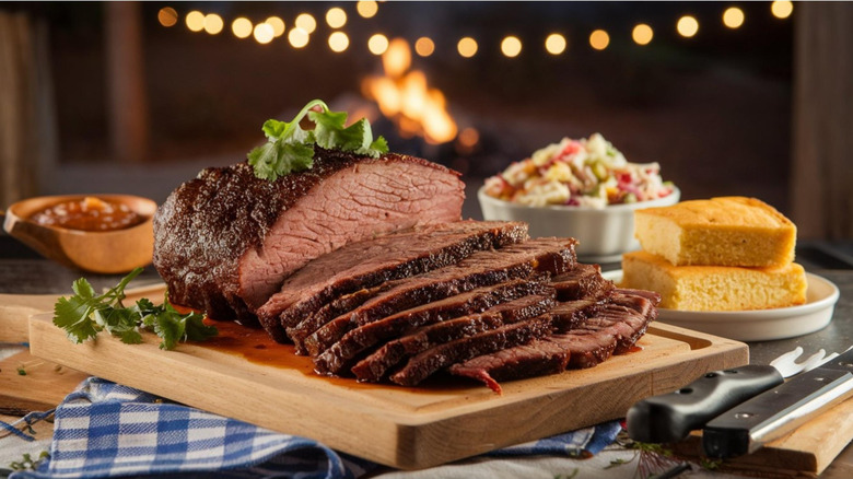 Brisket on a wood board with cornbread and other sides