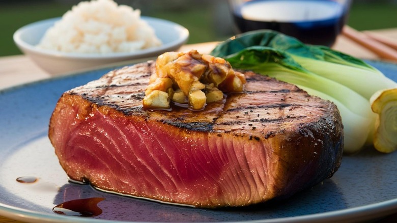 Seared tuna steak with veggies