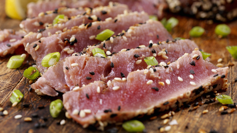 Close-up of sliced tuna steak