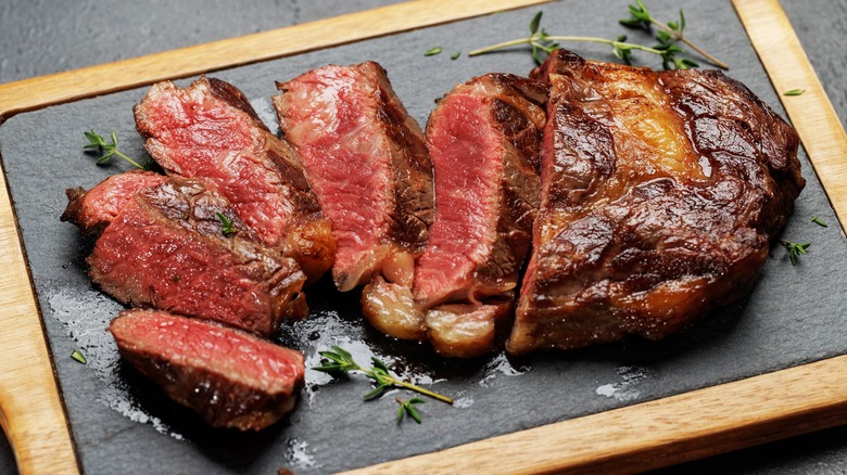 Sliced ribeye on a plate