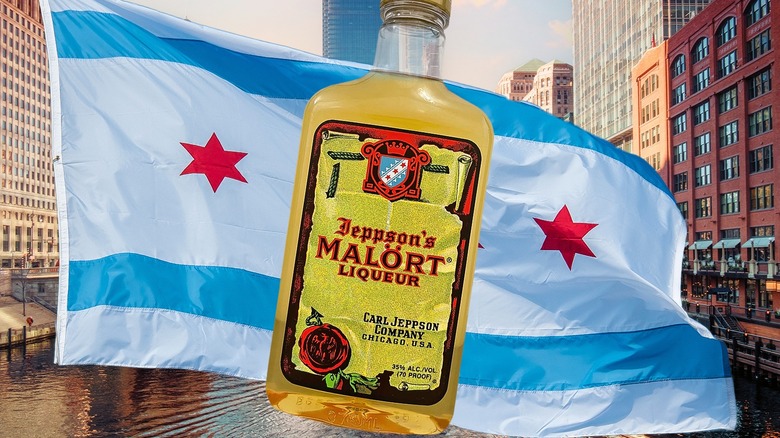 Bottle of Jeppson's Malört liqueur superimposed over the Chicago flag and skyline