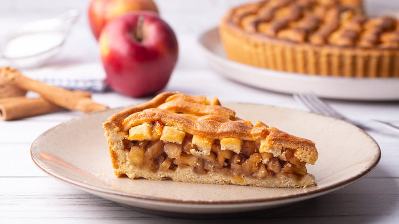 a slice of apple pie sits on a plate