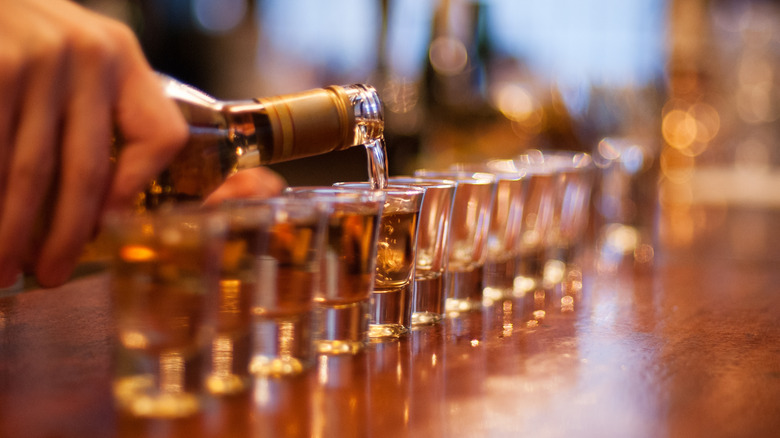 Bartender filling several shot glasses