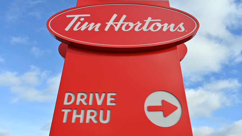 A Tim Hortons drive-thru sign