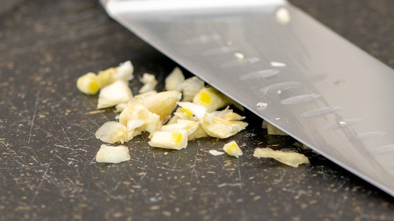 Stainless steel knife cutting garlic