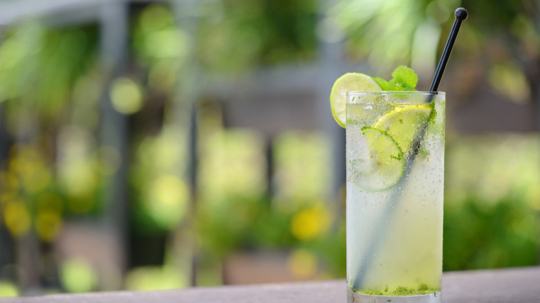 bootleg cocktail with lime garnishes on an outdoor table