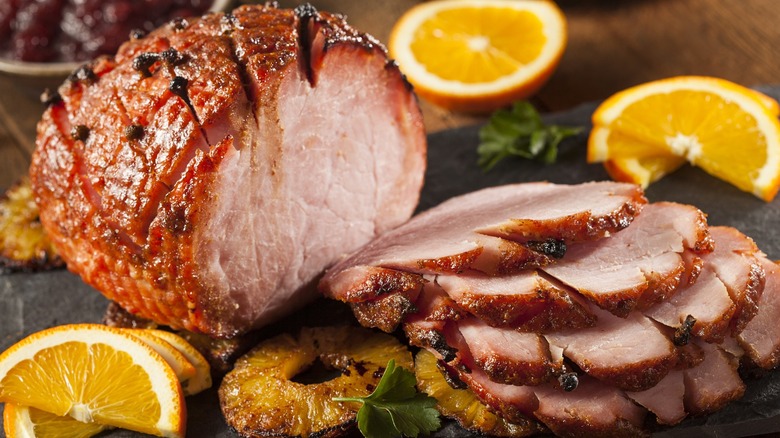 Holiday baked ham cut into slices