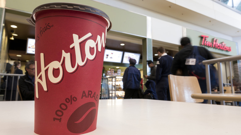 Cup of Tim Hortons coffee outside of store location
