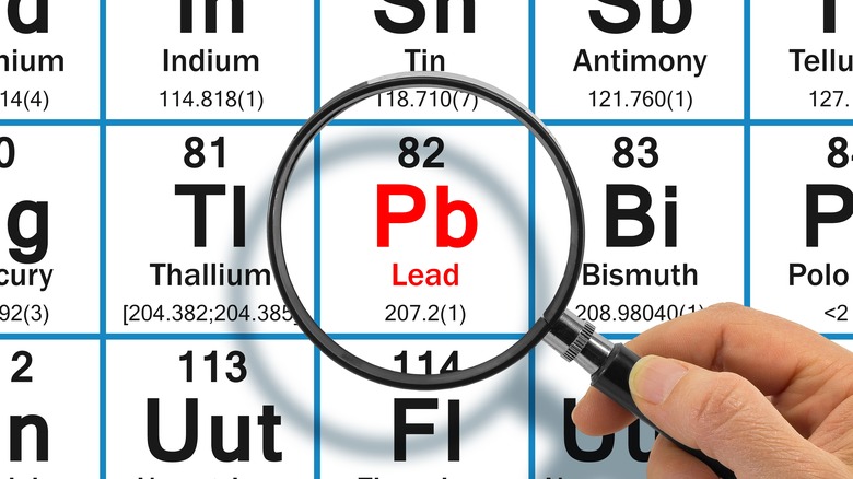 Lead on periodic table with magnifying glass