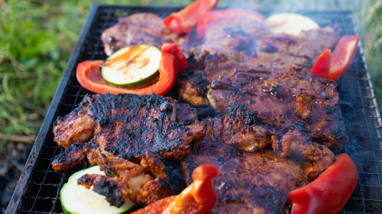 Meats and vegetables on bbq