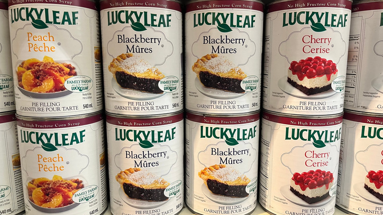 Cans of pie filling by Lucky Leaf