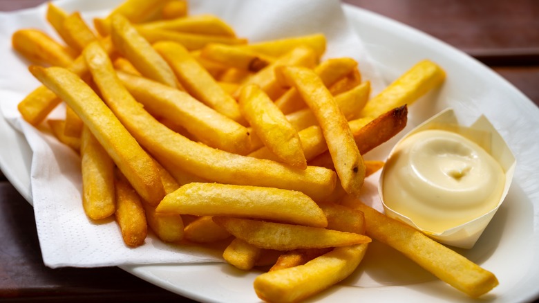 A tray of Belgian fries with mayo on the side.