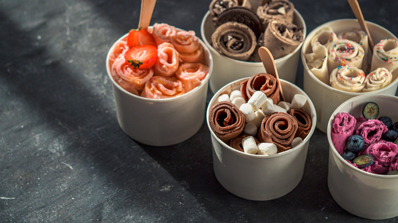 assorted flavors of rolled ice cream